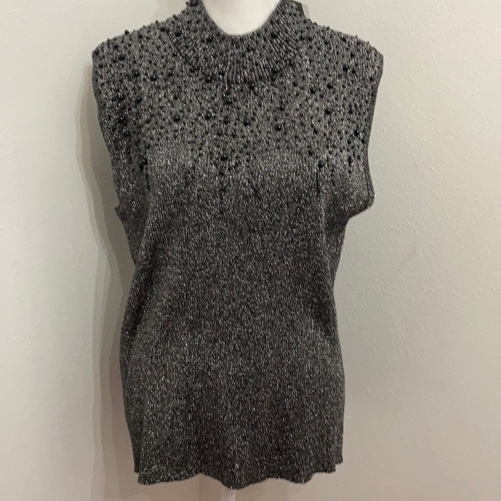 NWT Investments Black Beaded Metallic Sleeveless Blouse Size XL - Picture 3 of 14